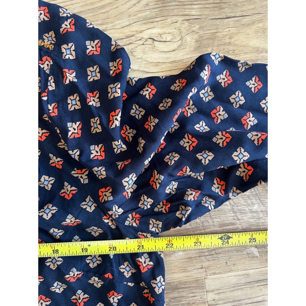 J.Jill Geometric Print Split Neck Blouse Size Medium Navy Yellow Boho Careerwear - Picture 8 of 9